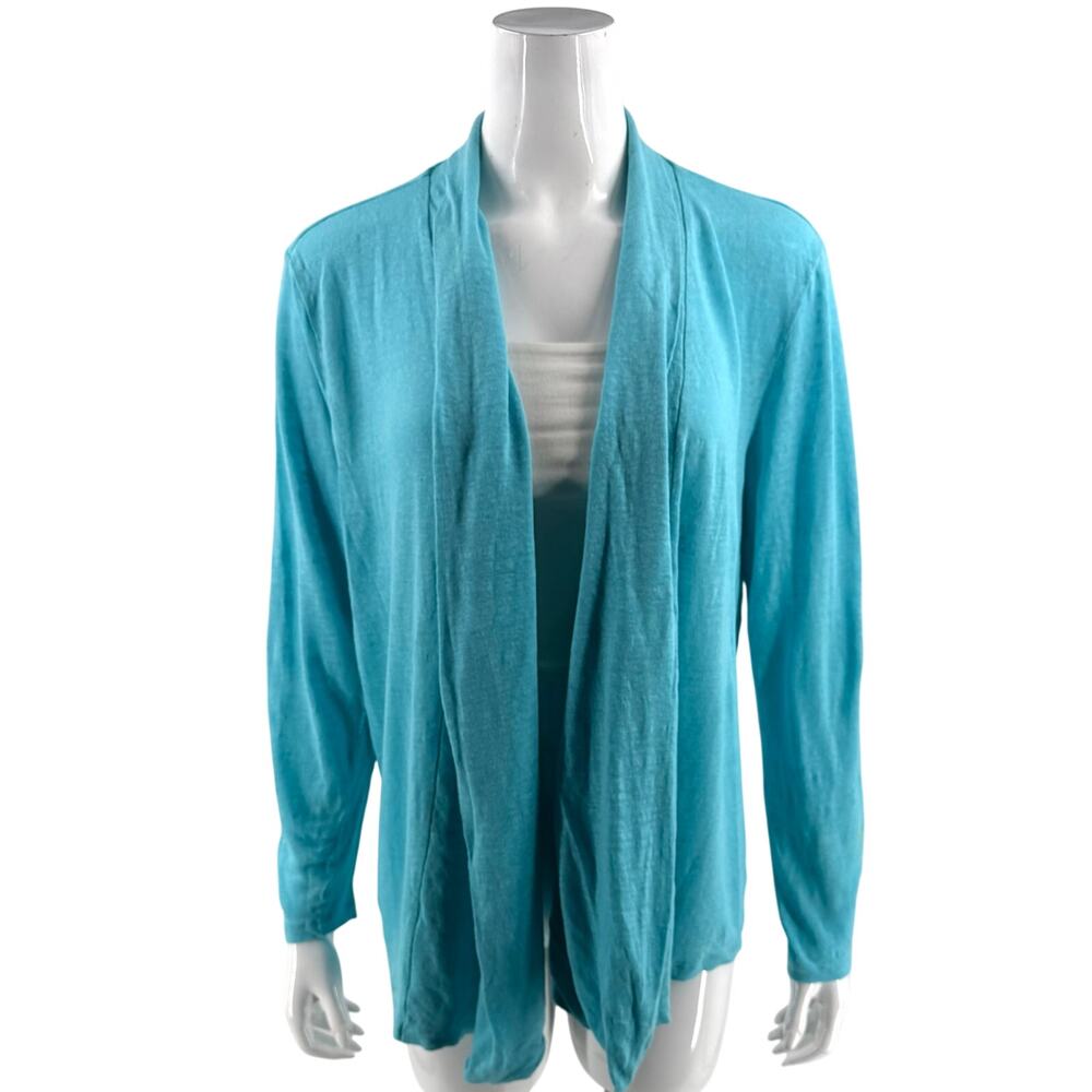 J Jill Womens Love Linen Cardigan Sweater Size Large Aqua Blue Open Front